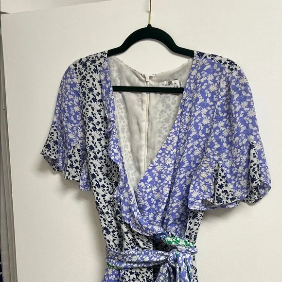 Tanya Taylor Blue and Green Silk Floral Wrap Mini Dress Flutter Sleeve 12 Med - Picture 11 of 11